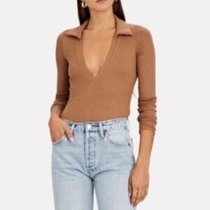 ALIX NYC Monterey Ribbed Polo Collar Long Sleeve Body Suit Brown Medium NWOT